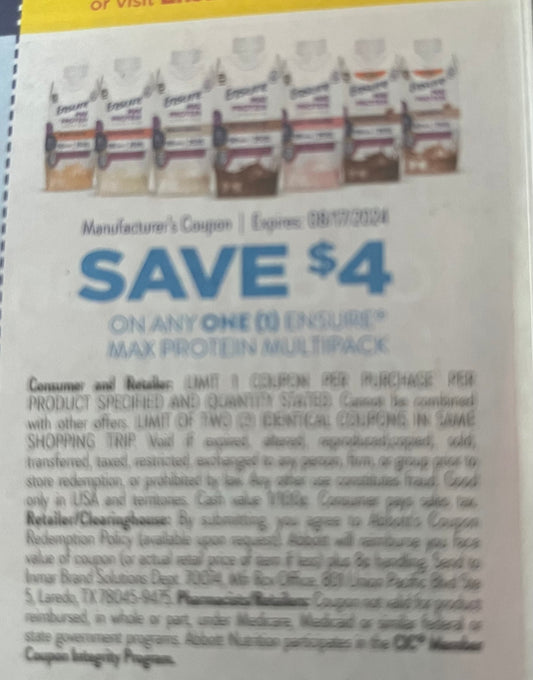 $4/1 Ensure Max Protein Multipacks  exp 8/17  (20)  Save 7/7