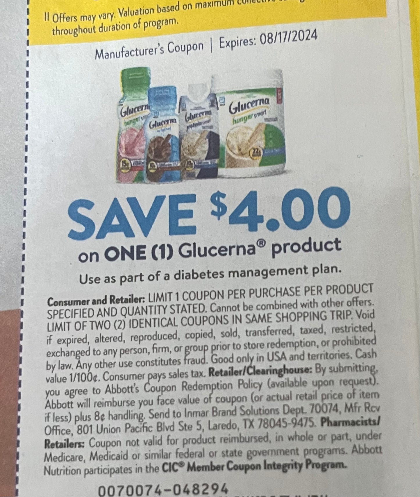 $4/1 Glucerna product exp 8/17  (20)  Save 7/7