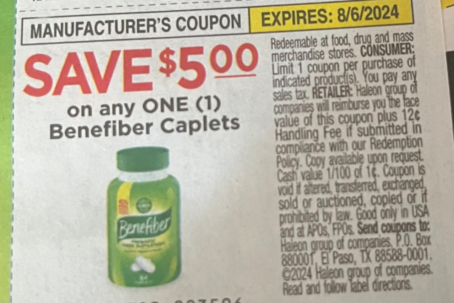 $5/1 Benefiber Caplets  exp 8/6  (20)  Save 7/7