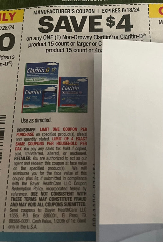 $4/1 Non-Drowsy Claritin or Clairitin-D product 15 count or larger or Children's Claritin product 15 count or 4oz or larger exp 8/18  (20)Save 7/21