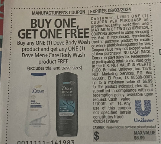 B1G1 Dove  Body Wash product get one Dove Men+Care Body Wash product free  exp 8/3  (20)Save 7/21