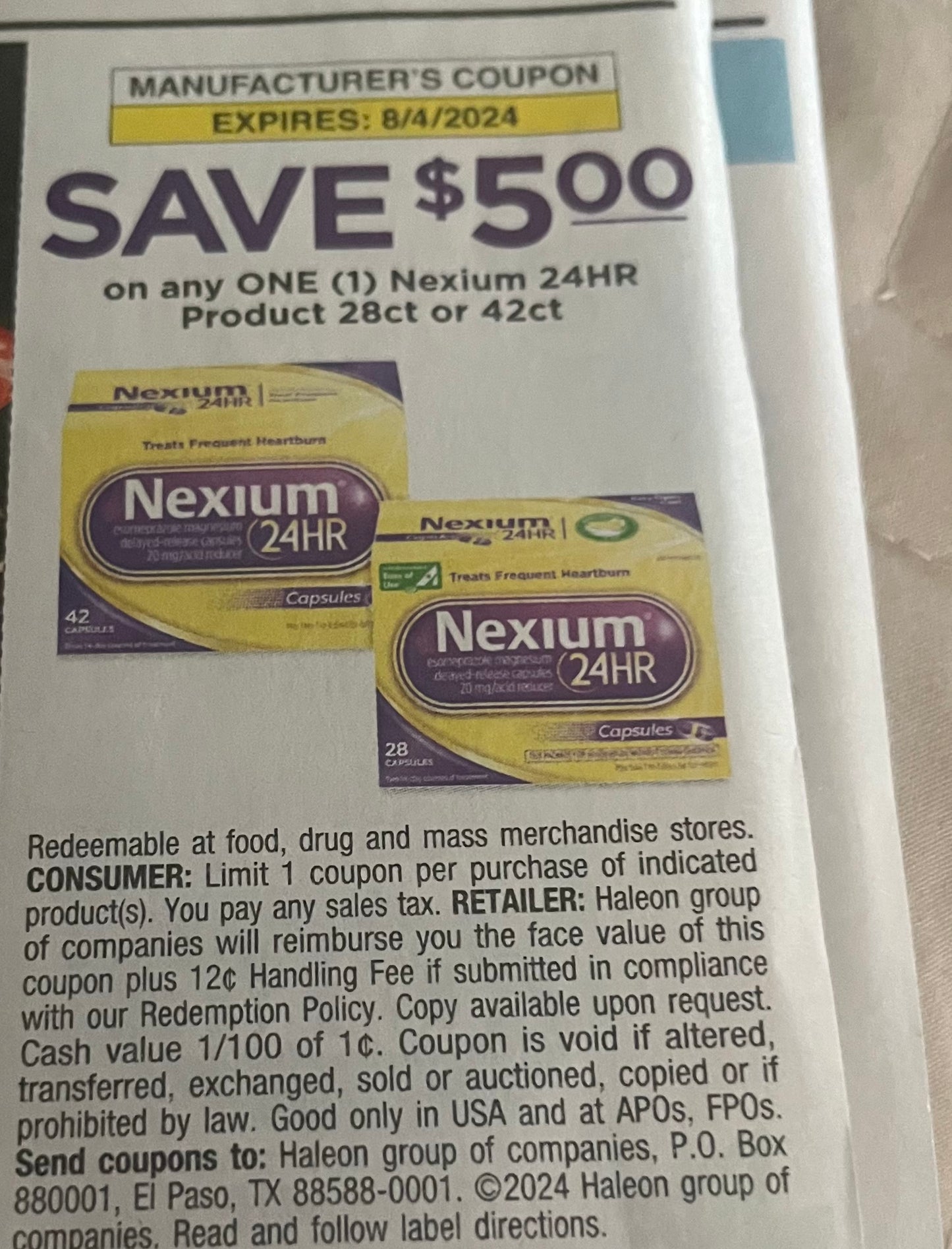 $5/1 Nexium 24hr product 28 ct or 42 ct exp 8/4  (20)Save 7/21